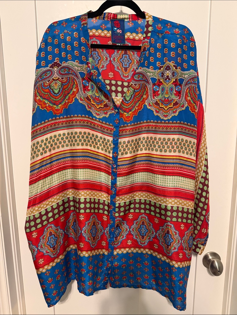 Johnny Was 100 Silk vibrant Blue Red Paisley Stripe Button Down Shirt Size XL